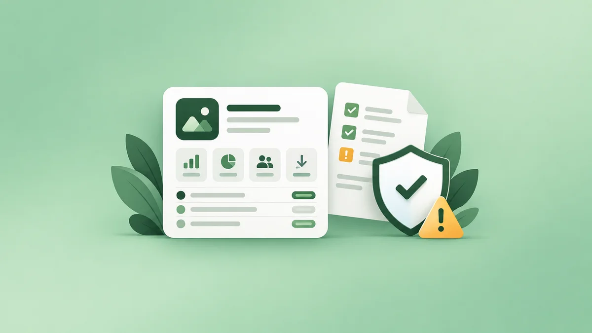 App reporting card beside a policy shield and warning marker