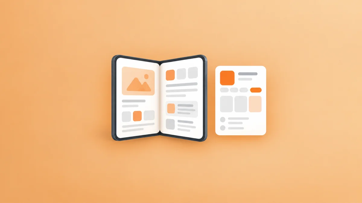 Conceptual foldable phone and app listing on an apricot background, illustrating adaptive app layouts