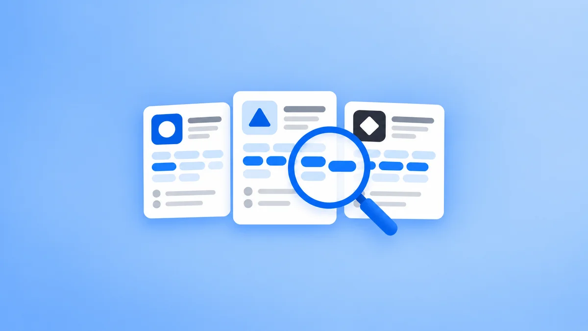Blue app listing cards and a magnifying glass comparing keyword groups