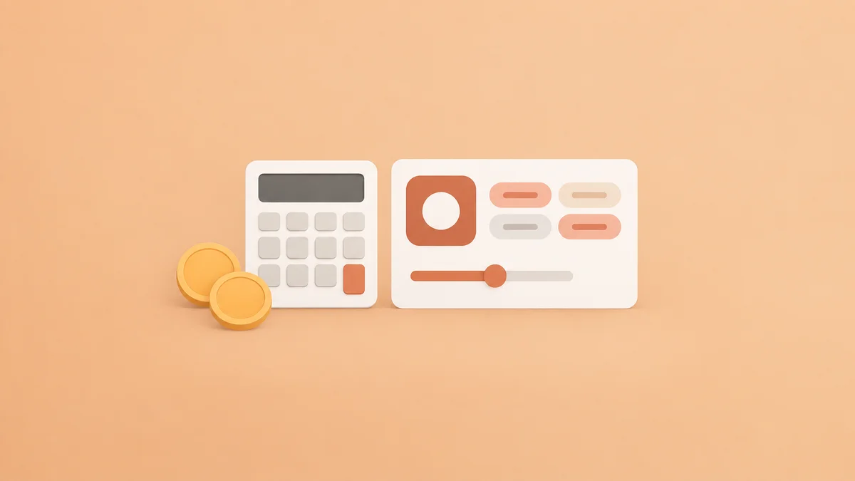 Small calculator, budget coins and a keyword order card