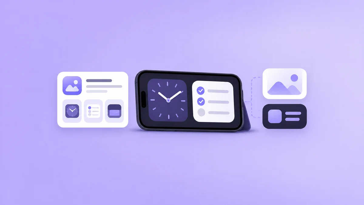 Landscape phone with modular widgets and a compact app listing card