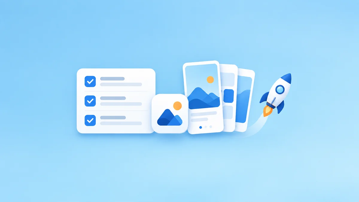 App launch checklist with a small rocket and prepared app assets