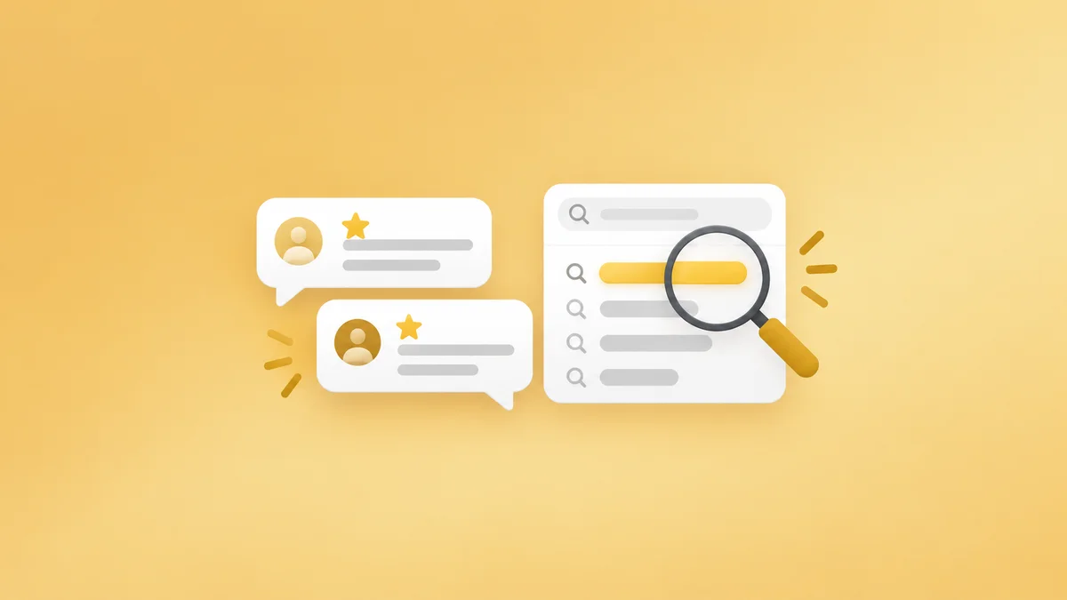 Review speech bubbles beside keyword search cards and a magnifier